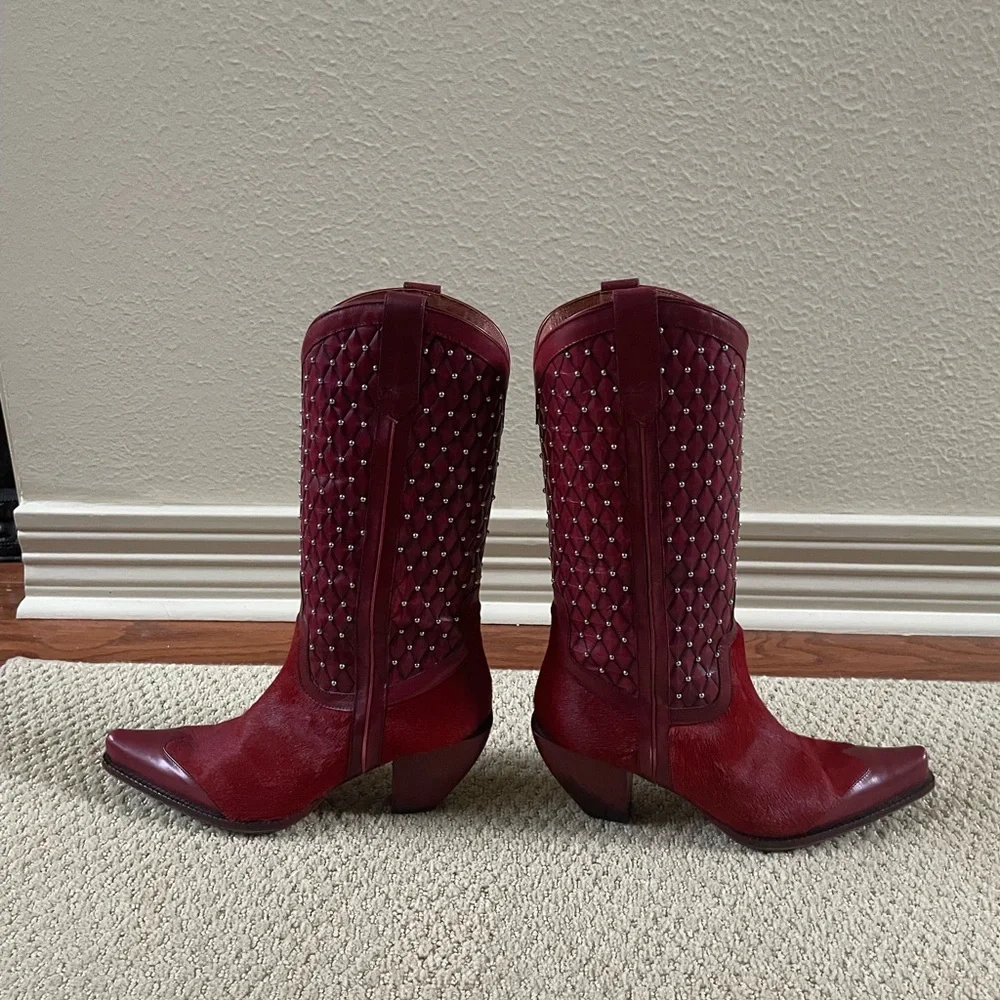 RARE Donald Pliner Ruby Red Hair On Hide Western Boots (8) - Picture 10 of 14